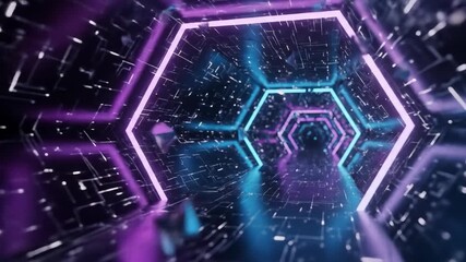 A futuristic digital tunnel with neon hexagonal lights and data streams. - Powered by Adobe
