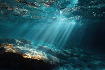 Underwater light rays illuminating a rocky seafloor in a tranquil ocean environment during midday sun