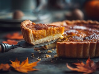 Pumpkin pie slice on a silver server, surrounded by autumn leaves and warm tones, showcasing a delicious dessert perfect for Thanksgiving celebrations and gatherings