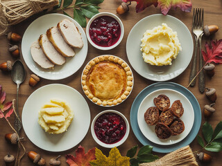 Thanksgiving feast with turkey mashed potatoes pie