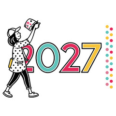Fototapeta premium Woman walking towards the year 2027 with colorful dots