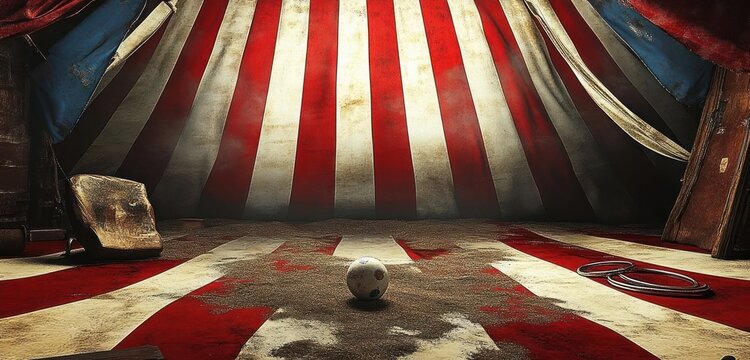 Empty circus tent interior with red and white striped canopy, old wooden crates, a worn ball, and rings on a dirt-stained floor, evoking a quiet, nostalgic mood