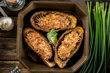 Oven Baked Beef Stuffed Eggplant in Cast Iron Pan – Homemade Mediterranean-Style Dinner in 4K Ultra HD