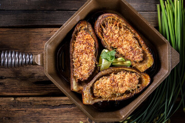 Oven Baked Beef Stuffed Eggplant in Cast Iron Pan – Homemade Mediterranean-Style Dinner in 4K Ultra HD