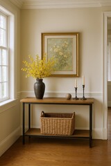 Elegant Interior Scene Featuring a Console Table with a Floral Arrangement, Candles, and Woven Basket