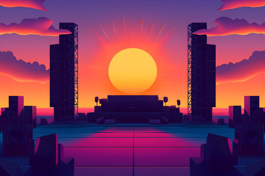 Minimalist beachside music stage at sunset for event design