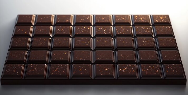 Close-up of a dark chocolate bar with segmented squares and golden specks on its surface on a reflective background