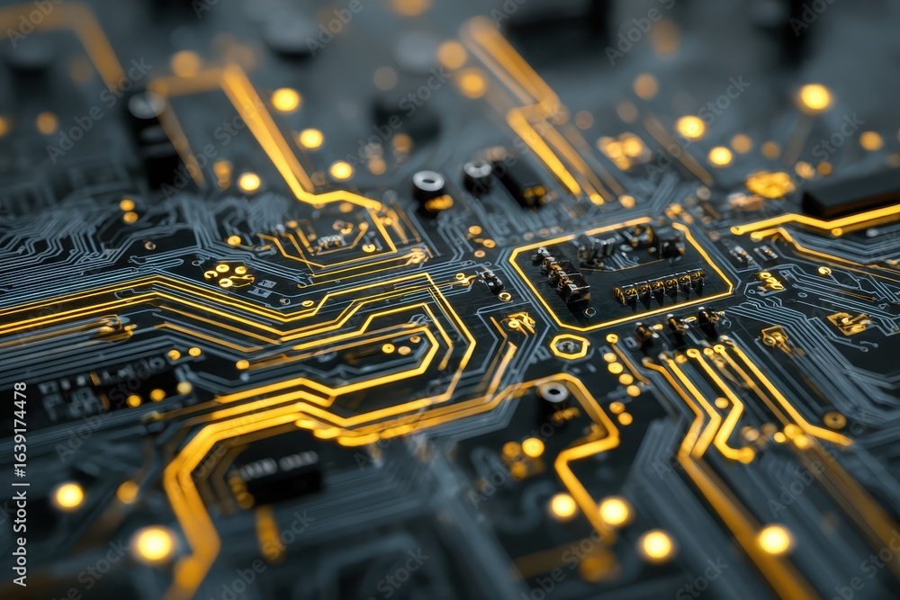 Poster exploration of intricate patterns on a futuristic circuit board revealing advanced technology and dy