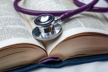 Close-up of a stethoscope with purple tubing resting on an open thick medical or anatomy book, symbolizing healthcare and medical study