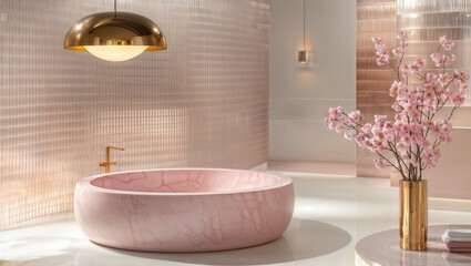 Luxury pink marble bathroom. An elegant bathroom interior with a pink marble bathtub, gold fixtures, and a vase of cherry blossoms.