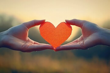 Obraz premium Two hands gently holding a red heart-shaped paper with a soft focus natural background during sunset evoking warmth and affection