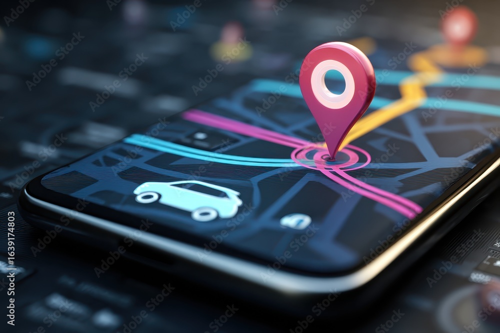 Poster rideshare app interface displaying car icon and map location on smartphone with navigation path high
