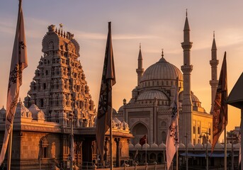 Obraz premium Sunset view of a temple and mosque with flags in front, showcasing a blend of religious architecture, cultural heritage, and spiritual landmarks, perfect for travel and cultural themes.