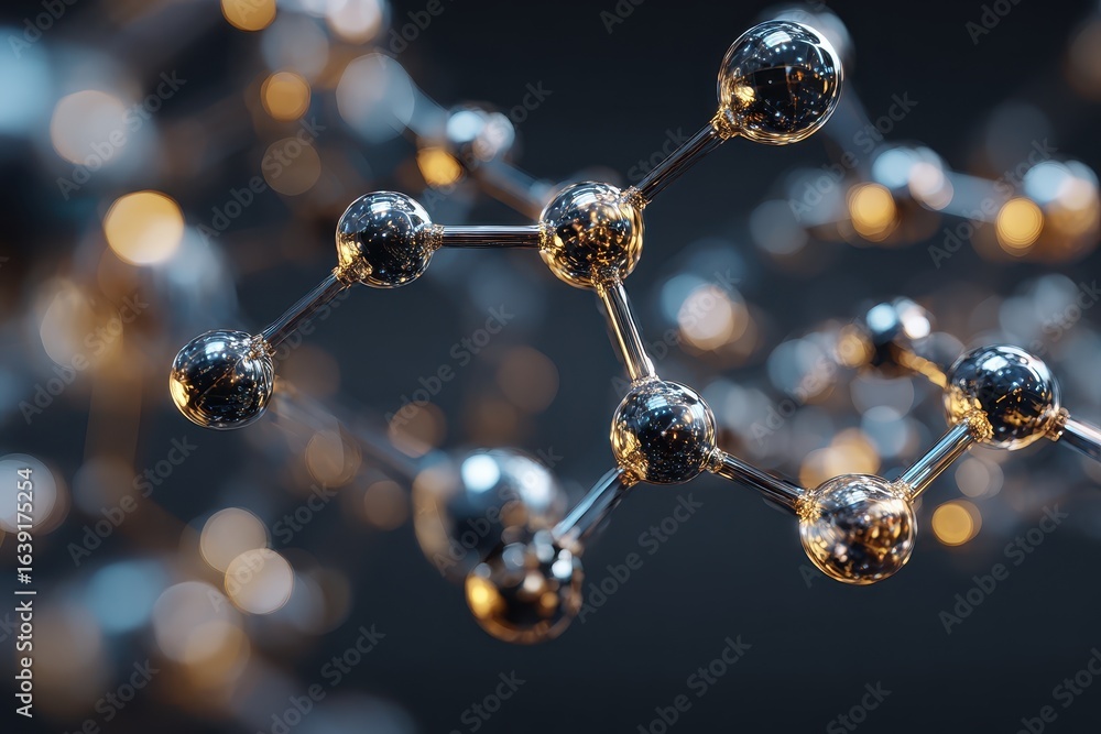 Poster metallic molecular structure with interconnected bonds illustrates advanced scientific concepts and 
