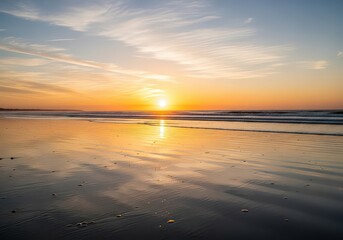 Fototapeta premium Golden sunset over a calm beach with gentle waves. The sky glows in shades of orange and blue, reflecting beautifully on the wet sand, creating a serene and peaceful coastal view.