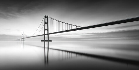 Long suspension bridge stretching over calm water under a cloudy sky in black and white, reflecting on the surface creating a serene and peaceful atmosphere