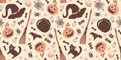 Seamless Halloween Pattern with Witch’s Cauldron, Broomsticks, Pumpkins, Spiders, and Spooky Autumn Elements in Hand-Drawn Style. Retro, Vintage Halloween Background.