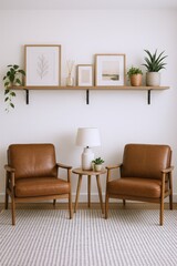 Comfortable Living Room Scene Featuring Two Mid-Century Modern Leather Armchairs and a Floating Shelf with Decor