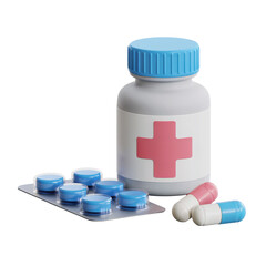 3d clinical medicine bottle with capsules and blister pack isolated