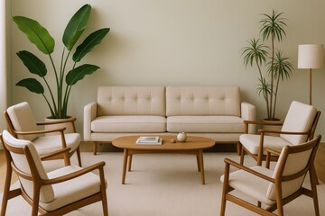 Serene living room arrangement featuring a tufted sofa, accent chairs, and lush potted plants, evoking comfort and modern elegance.