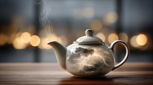 Steaming teapot showing a storm inside symbolizing a problem