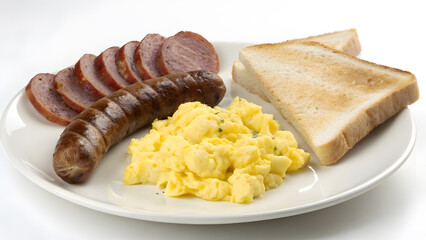 Italian Sausage with Scrambled Eggs and Toast in Clean Composition. Perfect for: Breakfast, Brunch, Weekend Morning