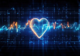 Digital glowing heart shape with fluctuating electrocardiogram lines representing heartbeat and health monitoring in futuristic blue and orange light