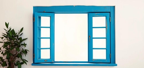 Obraz premium A vibrant blue wooden window frame set against a crisp white wall, architecture, wooden