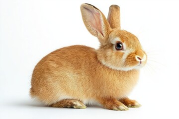 Obraz premium Close-up of a small light brown rabbit with soft fur sitting alert against a white background