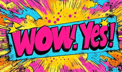 Bright and colorful comic-style explosion background with bold pink text saying wow yes expressing excitement and enthusiasm