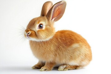 Close-up of a fluffy light brown rabbit with large ears sitting attentively on a white background, showcasing soft fur and bright eyes
