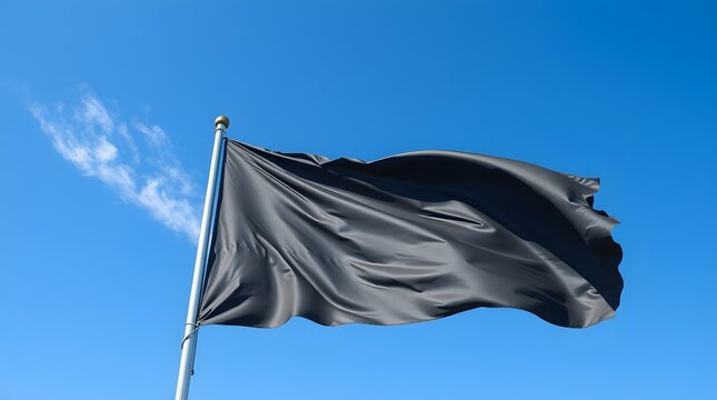 Sleek black flag ripples majestically against a clear blue sky, symbolizing strength, mystery, and modern elegance.