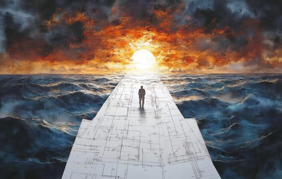 A lone figure walking on a futuristic pathway over turbulent ocean waters toward a glowing sun setting behind dramatic dark and orange clouds evoking solitude and determination