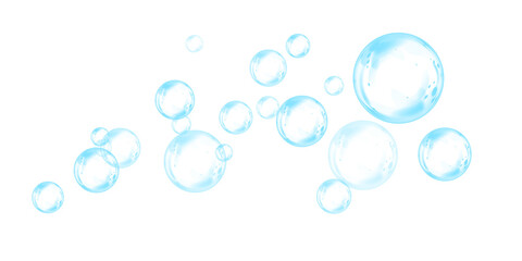 Blue soap bubbles, liquid sphere, foam freshness, underwater floating, vibrant dew, abstract shine, washing concept.