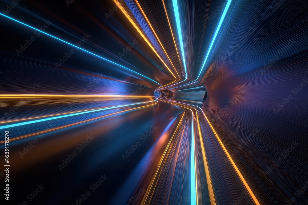 Poster vivid retro neon lights create an abstract flight through hyper warp space with glowing trails and d