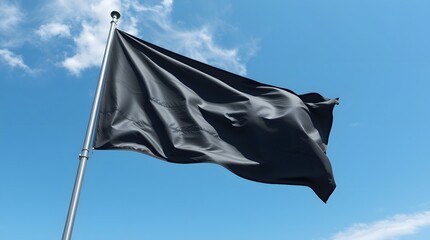 Dramatic black flag billowing proudly against a vibrant blue sky with wispy white clouds, symbolizing mystery, power, or protest