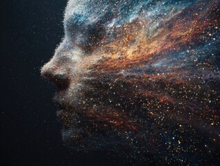 Portrait profile dissolving into a swirl of stars and galaxies, symbolizing consciousness merging with the cosmos, ultra-detailed 8K, photorealistic digital art