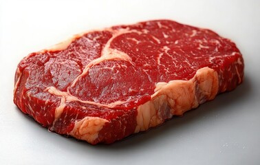 Fototapeta premium Two fresh raw ribeye beef steaks with marbled fat on a clean flat surface ready for cooking