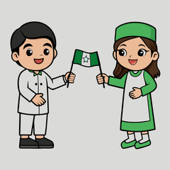 Minimilist cartoon children holding a green and white nigeria flag with a star on it in a cheerful celebration scene vector