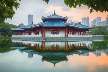 Traditional Asian temple with blue tiled roof and red pillars reflected in calm water surrounded by greenery and modern city buildings at sunset