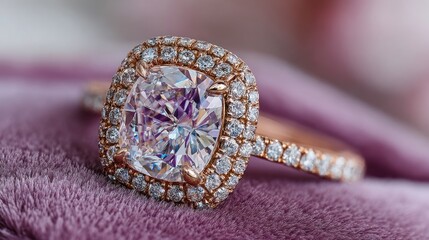 Fototapeta premium Rose gold engagement ring with halo, close-up
