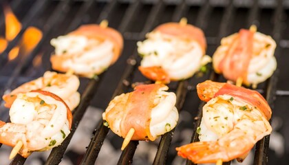 Juicy shrimp wrapped in crispy bacon sizzle on a hot grill, perfect for summer barbecues.