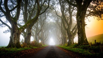 A misty lane lined with ancient trees.