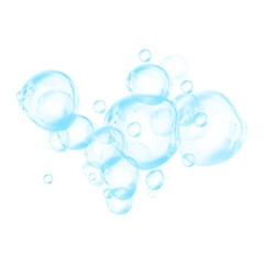 Blue soap bubbles, liquid sphere, foam freshness, underwater floating, vibrant dew, abstract shine, washing concept.