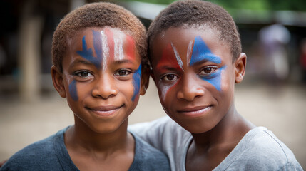 Two African boys with faces painted in the colors of the American flag. Election Day in the USA. America Day. Festive Mood on President's Day