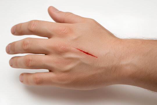 Close-up of a hand displaying a small, linear cut bleeding slightly.