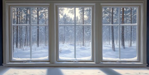 view through large window panes of a serene snow-covered forest with tall trees and soft natural light casting shadows indoors
