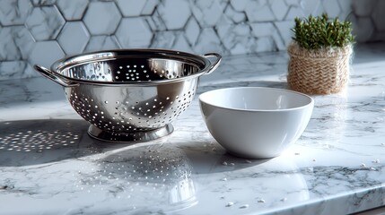Stainless steel colander and bowl on marble countertop