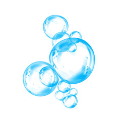 Blue soap bubbles, liquid sphere, foam freshness, underwater floating, vibrant dew, abstract shine, washing concept.