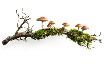A modern botanical still life of a mossy branch with mushrooms, arranged elegantly with balanced light and shadow, isolated on white